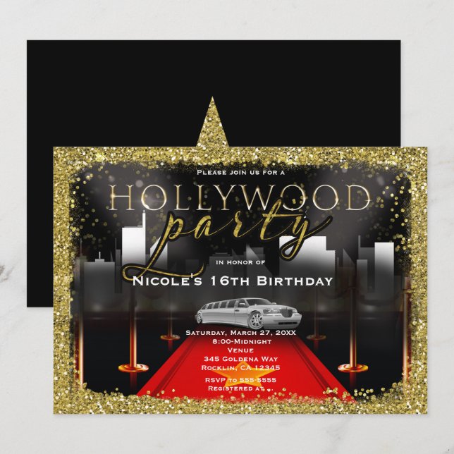 Hollywood & City Limo Red Carpet Party-inbjudninga Inbjudningar (Fram/baksida)