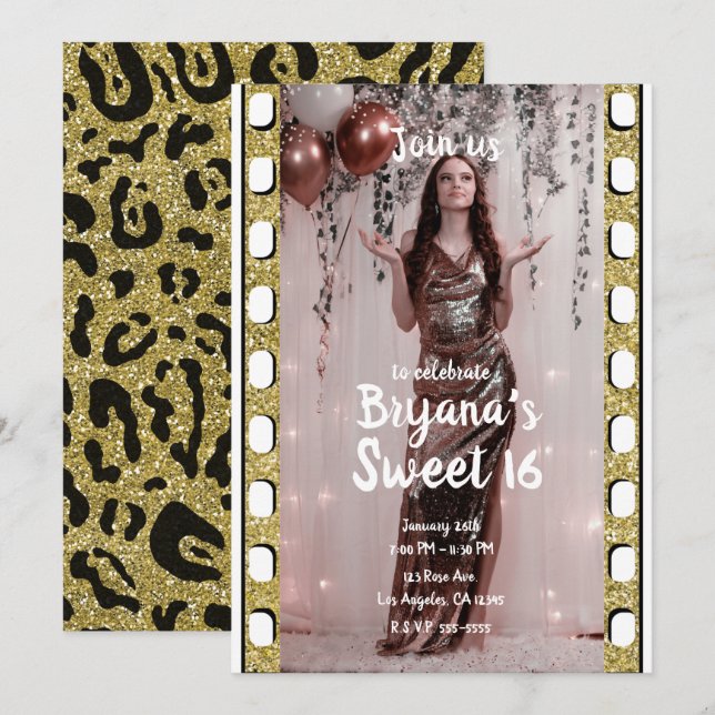 Hollywood Film Cheetah Photography Sweet 16 Inbjudningar (Fram/baksida)