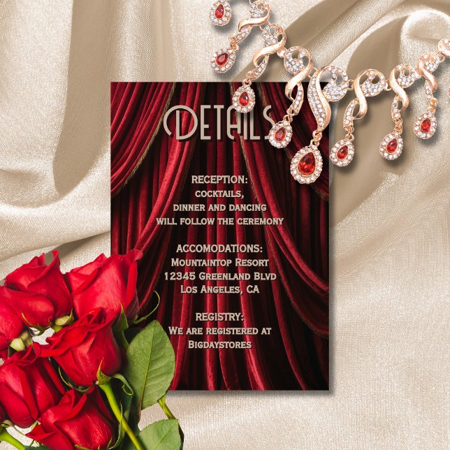 Hollywood-film Röda mattan Brölloppsdetaljer Tilläggskort (Front view glamorous elegance star studded event, golden glitz – Red Carpet Wedding Details Card)