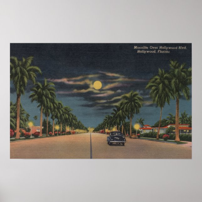 Hollywood, FL - Moonlight View over Hollywood Poster (Framsidan)