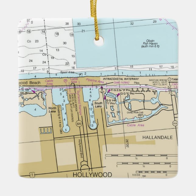 Hollywood Florida Nautical Chart Julgransprydnad Keramik (Framsida)