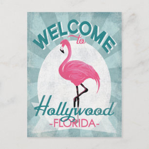 Hollywood Florida Rosa Flamingo Retro Vykort