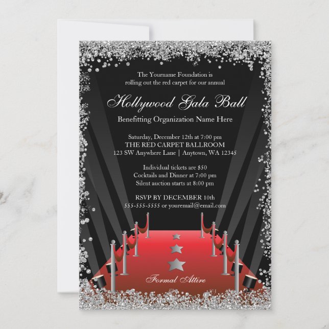 Hollywood Gala Boll Red Carpet Silver Glitter Inbjudningar (Framsida)