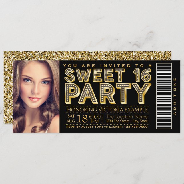 Hollywood Glam Sweet 16 Biljett Black och Guld Inbjudningar (Fram/baksida)