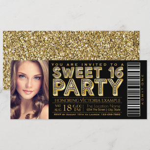 Hollywood Glam Sweet 16 Biljett Svart och Guld Inbjudningar
