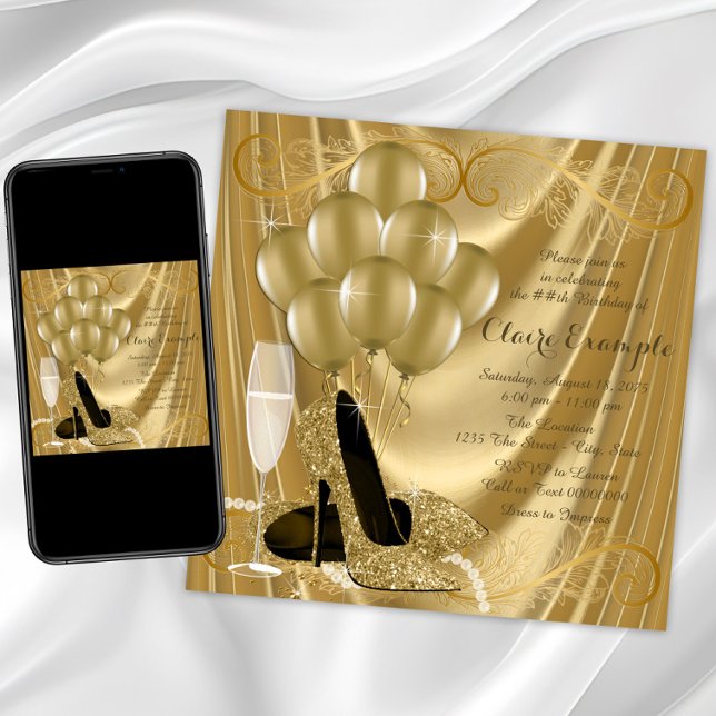 Hollywood Glamour Guld Födelsedagsfest Inbjudningar (Gold high heel shoe birthday invitation with gold shoes on a gold swirl background. Any event.)
