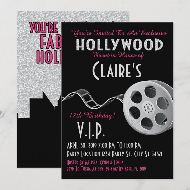Hollywood Glitter Birthday Inbjudningar (Fram/baksida)