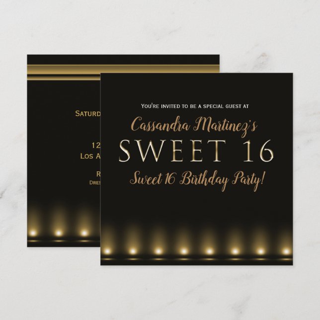Hollywood Lights Gold Typografi Sweet 16-fest Inbjudningar (Fram/baksida)