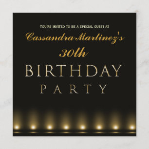 Hollywood-ljus Svart Guld Födelsedagsinbjudan Inbjudningar