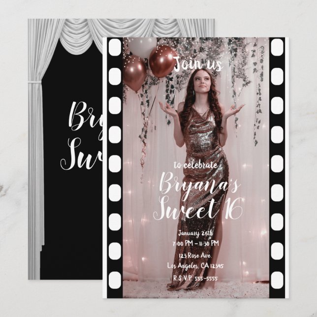 Hollywood Movie Black White Curtains Sweet 16 Inbjudningar (Fram/baksida)