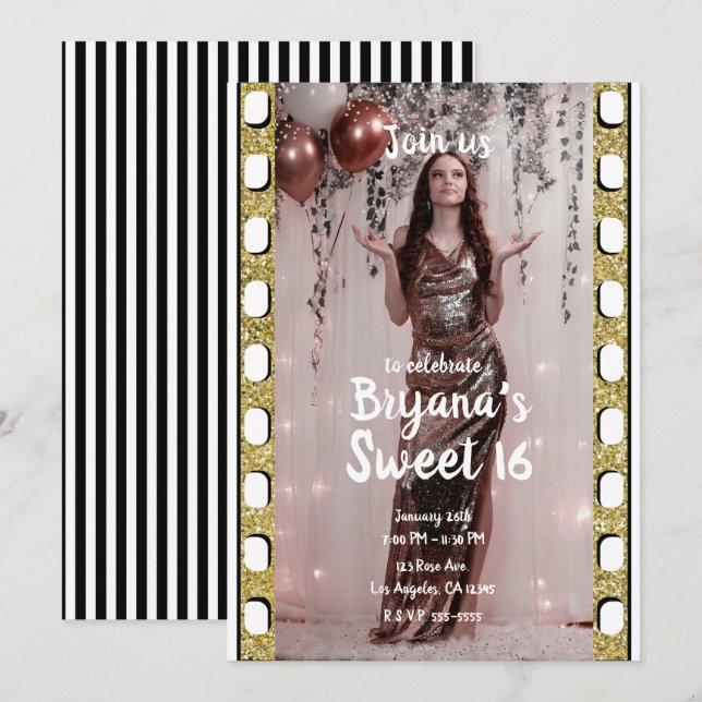 Hollywood Movie Guld Glitter Film Sweet 16 Party Inbjudningar (Fram/baksida)
