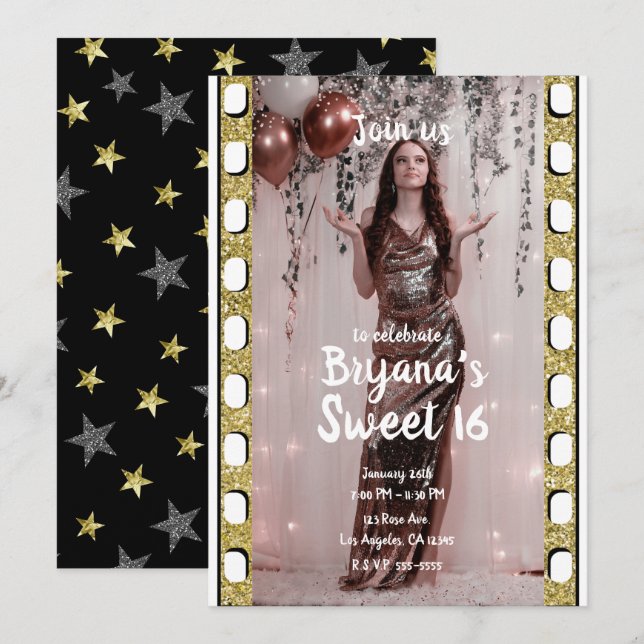 Hollywood Movie Guld Silver Stars Sweet 16 Photo I Inbjudningar (Fram/baksida)