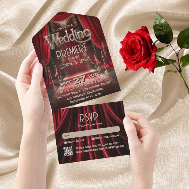 Hollywood Movie Red Carpet Premiere Bröllop (Angled view light camera action cinema wedding – Red Carpet Wedding Trifold Invitation)