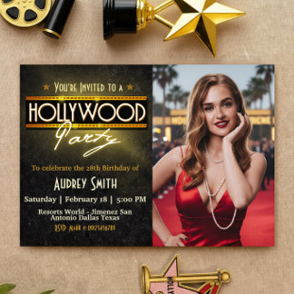Hollywood Party with Picture Birthday Invitation Inbjudningar