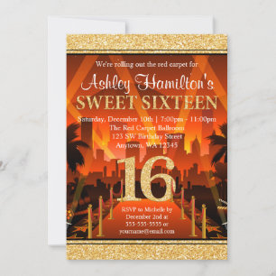 Hollywood Red Carpet City Gold Glitter Sweet 16 Inbjudningar