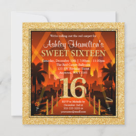 Hollywood Red Carpet City Guld Glitter Sweet 16 Inbjudningar