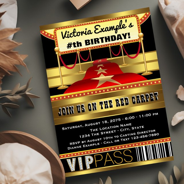 Hollywood Red Carpet-inbjudningar Inbjudningar (Red carpet birthday party invitation. Red, black and gold red carpet invitations for any occasion.)