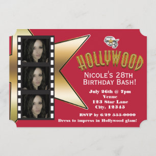 Hollywood RÖD 3 Foto Födelsedagsfest Inbjudan