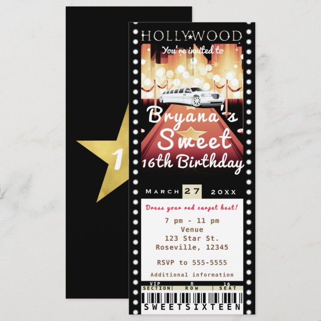Hollywood Röda mattan VIP-partybiljett inbjudan (Fram/baksida)