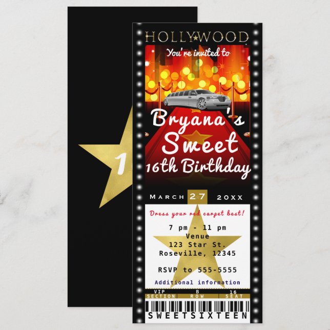 Hollywood Röda mattan VIP-partybiljett inbjudan (Fram/baksida)