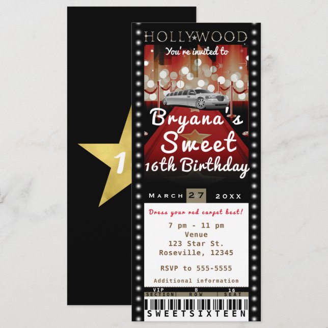 Hollywood Röda mattan VIP-partybiljett inbjudan (Fram/baksida)