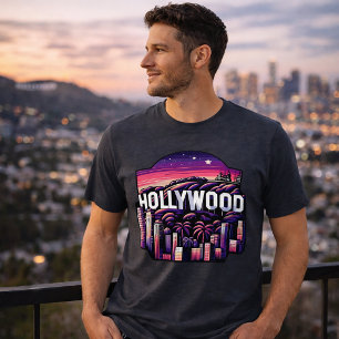 Hollywood Siluett Retro Neon Stadspanorama Konst T Shirt