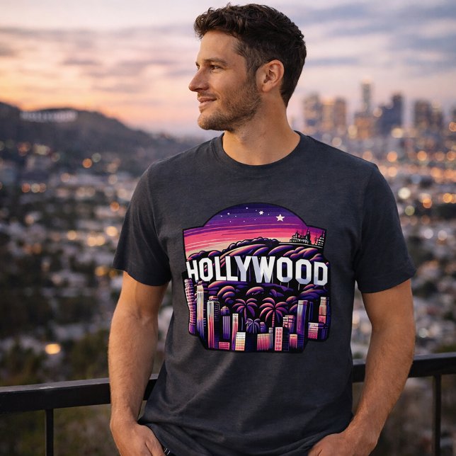 Hollywood Siluett | Retro Neon Stadspanorama Konst T Shirt (Skapare uppladdad)