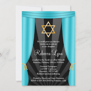 Hollywood Star of David Teal Blue Bat mitzvah Inbjudningar
