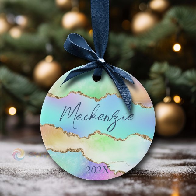 Holo Agate | Faux Iridescent Pastel Ombre Marble Julgransprydnad Keramik (Skapare uppladdad)