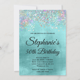 Holo Glitter Blek Aqua Blue Foil Finare Monogram Inbjudningar