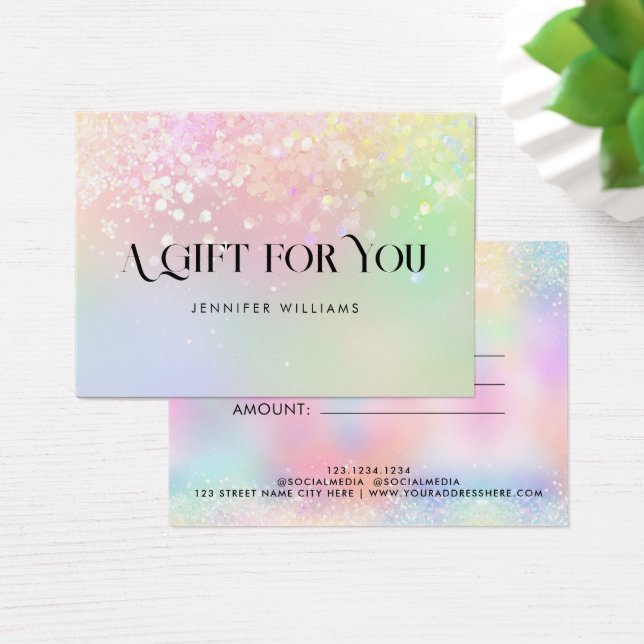 Holo Glitter Elegant Pastel Certificate Gift Card Visitkort (Skivbord)