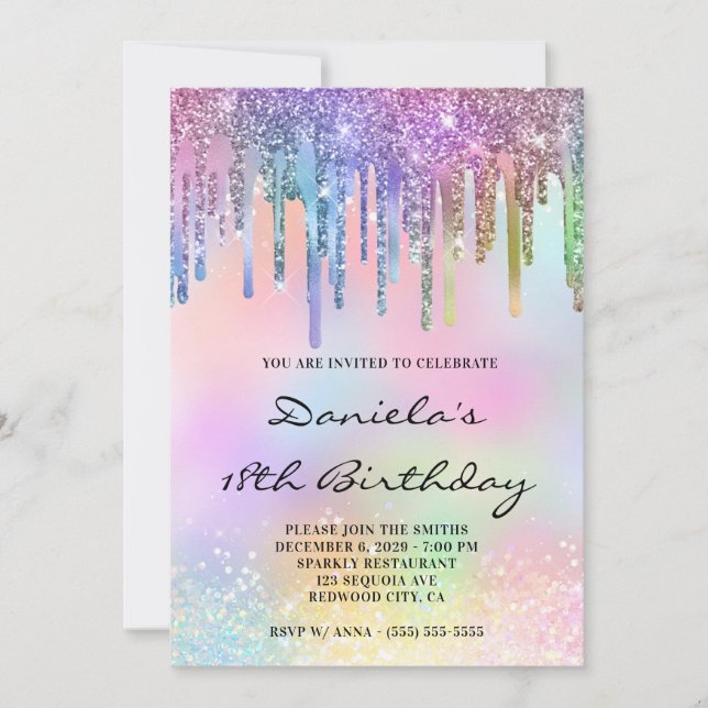 Holo Glitter Rainbow Drips 18-årsdag Inbjudningar (Framsida)