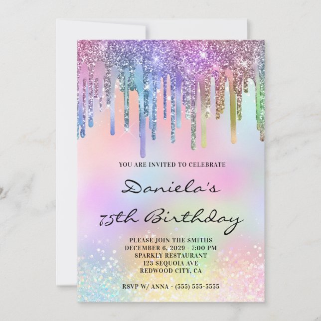 Holo Glitter Rainbow Drips 75-årsfirande Inbjudningar (Framsida)