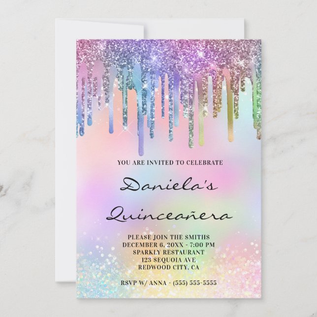 Holo Glitter Rainbow Drips Quinceañera Inbjudningar (Framsida)
