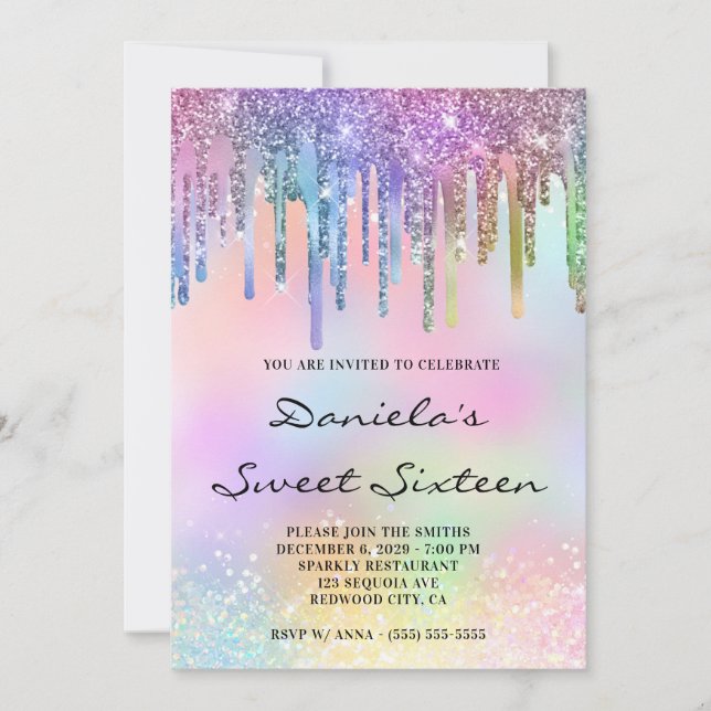 Holo Glitter Rainbow Drips Sweet Sixteen Inbjudningar (Framsida)