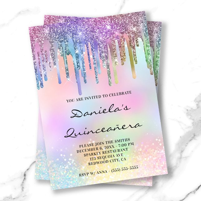 Holo Glitter Regnbåge Drip Quinceañera Inbjudningar (Holo Glitter Rainbow Drips Quinceañera Invitation)