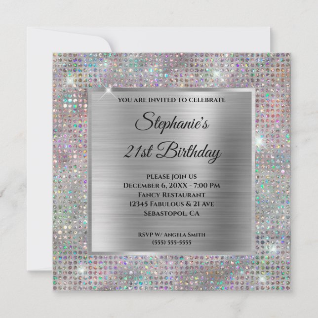 Holo Silver Diamond Studed Foil 21 Birthday Inbjudningar (Framsida)