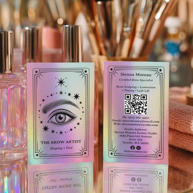 Hologografisk regnbåge Celestial Tarot Brow Artist Visitkort (Holographic Rainbow Celestial Tarot Brow Artist QR Business Card)