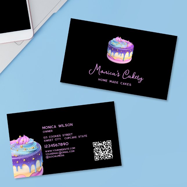 Holograf Glitter Cake Home gjorde Muffinsar QR-tor Visitkort (holographic cake black background)
