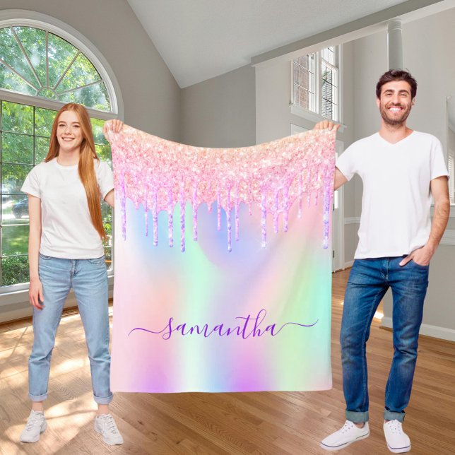 Holograf glitter droppar encorn rainbow monogram fleecefilt (Skapare uppladdad)