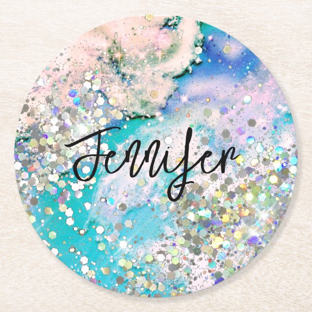 Holograf Glitter elegant Blue Teal Marble Bläck Underlägg Papper Rund (Framsidan)