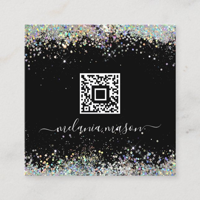 Holograf Glitter Nail Artist Black QR Code Chic Fyrkantigt Visitkort (Framsida)