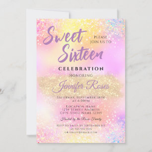 Holograf Glitter Sparkles Sweet 16 Girly Modern Inbjudningar