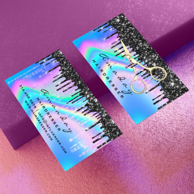 Holograf Hair Salon Beauty Black Drips Sisses Visitkort (Holographic Hair Salon Beauty Black Drips Scissors Business Card)