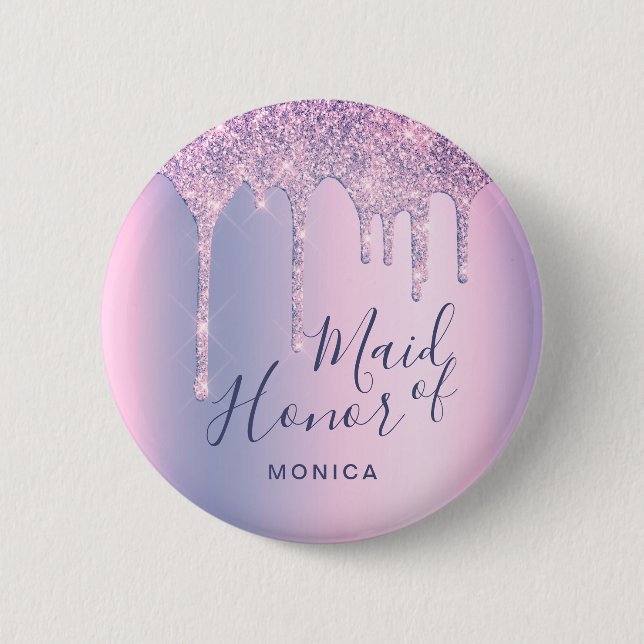 Holograf lila glitter droppar maid of honor knapp (Framsida)