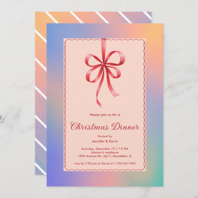 Holograf Red Bow-Eleganten Julmiddag Julkort (Fram/baksida)
