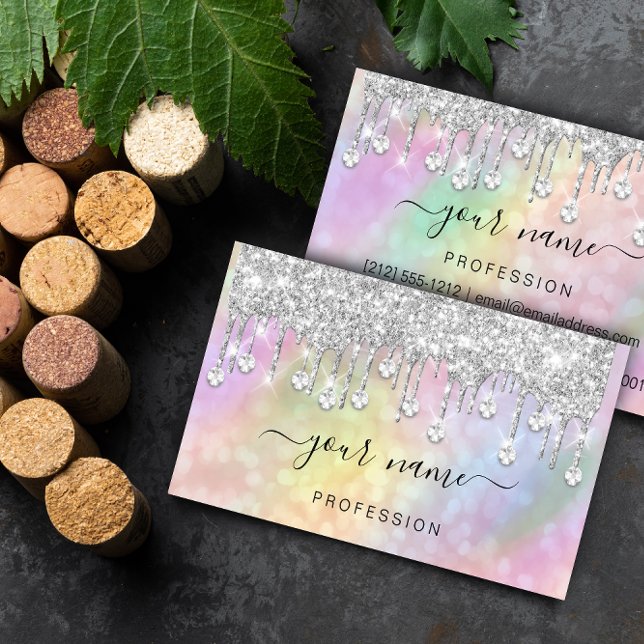 Holograf Silver Glitter Drips Makeup Artist Visitkort (Holographic Silver Glitter Drips Makeup Artist Business Card)