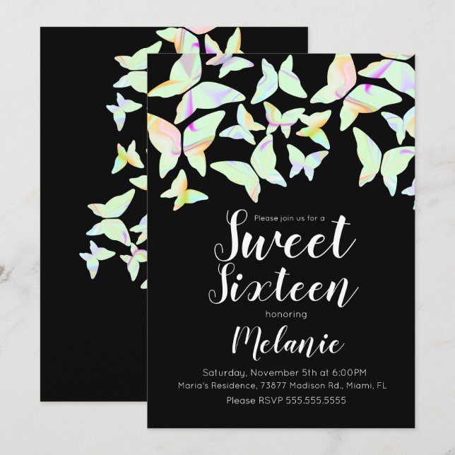 Holografi Butterflies Colorful Sweet sixteen Inbjudningar (Fram/baksida)