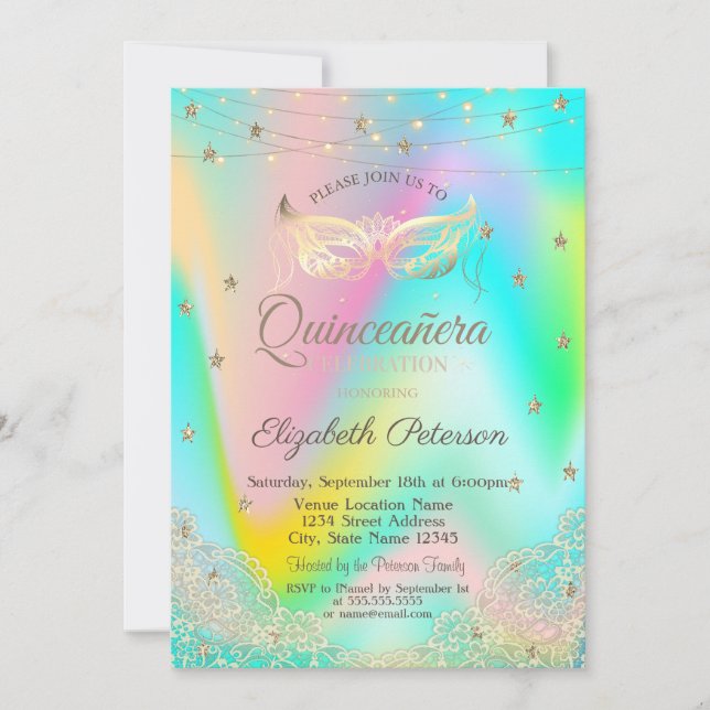 Holografi Masque,Ljus,Snöre,Stars Quinceañera Inbjudningar (Framsida)
