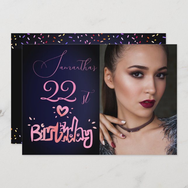 Holografi Rosa Lila Navy Blue Photo Birthday Inbjudningar (Fram/baksida)